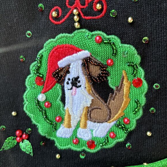 Vintage Jack B Quick Christmas Dog Cardigan Sweater Small Ramie Embroidered Bead - Picture 6 of 8